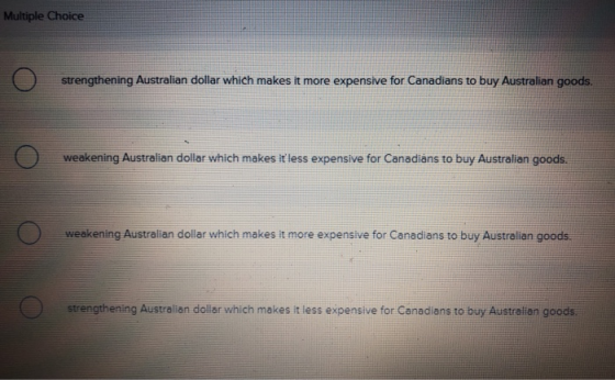 Multiple Choice ) strengthening Australian dollar which makes it more expensive for Canadians to buy Australian goods. weaken