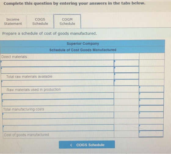 Complete this question by entering your answers in the tabs below. Income Statement COGS Schedule COGM Schedule Prepare a sch