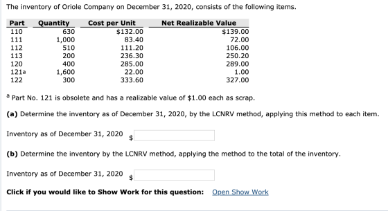 The inventory of Oriole Company on December 31, 2020, consists of the following items. Part 110 111 112 113 120 121a 122 Quan