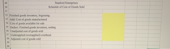 49 Stanford Enterprises SO Schedule of Cost of Goods Sold 51 52 Finished goods inventory, beginning 53 Add: Cost of goods man