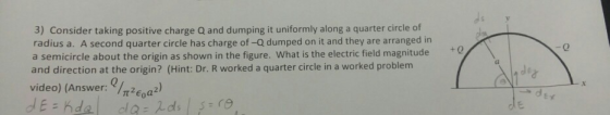 3) Consider taking positive charge Q and dumping it uniformly along a quarter circle of radius a. A second quarter circle has charge of-Q dumped on it and they are arranged in a semicircle about the origin as shown in the figure. What is the electric field magnitude and direction at the origin? (Hint: Dr. R worked a quarter circle in a worked problem video) (Answer:22) +0 0 dl dig E x