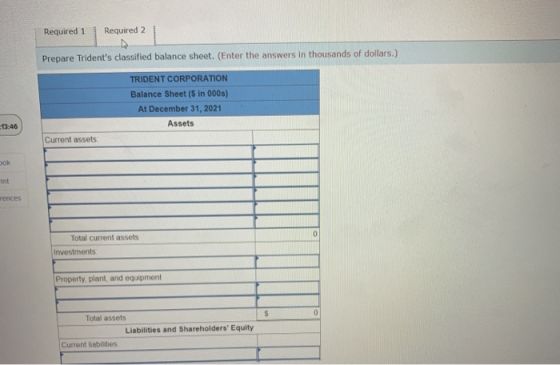 Required 1 Required 2 Prepare Tridents classified balance sheet. (Enter the answers in thousands of dollars.) TRIDENT CORPOR