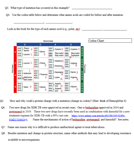 Q3. What type of mutation has occurred in this example? Q4. Use the codon table below and determine what amino acids are code