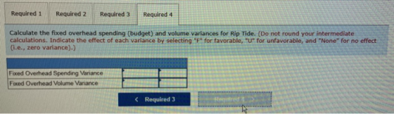 Required 1 Required 2 Required 3 Required 4 Calculate the fixed overhead spending (budget) and volume variances for Rip Tide.
