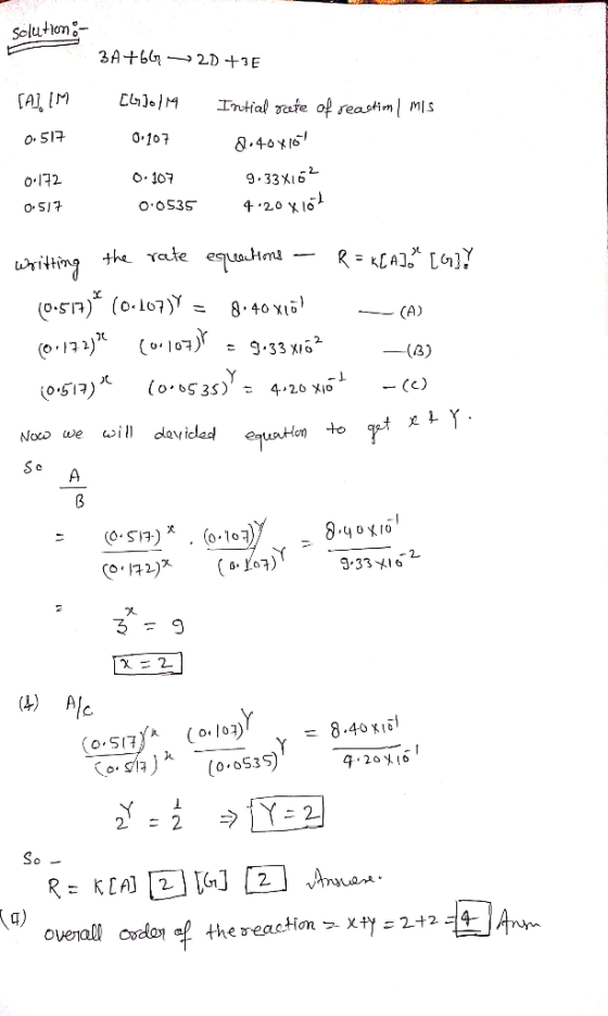 Solution : - 3A +662D +3E [A] IM [4] 1M4 0.517 0.107 Intial roete of reastim I MIS 8.40x16 9.33X162 4.20x10l 0.172 0.517 0.10