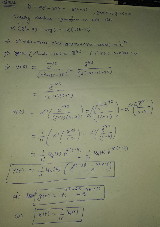 Backs SCE-4) - Rse-Re,R Tauing laplasranfm 1 both sde C -3) -4S Sy&) -Syw)-yco)2s2)+ya-35Y C) e CC2S -35) = 45 -4s YS) S275+5
