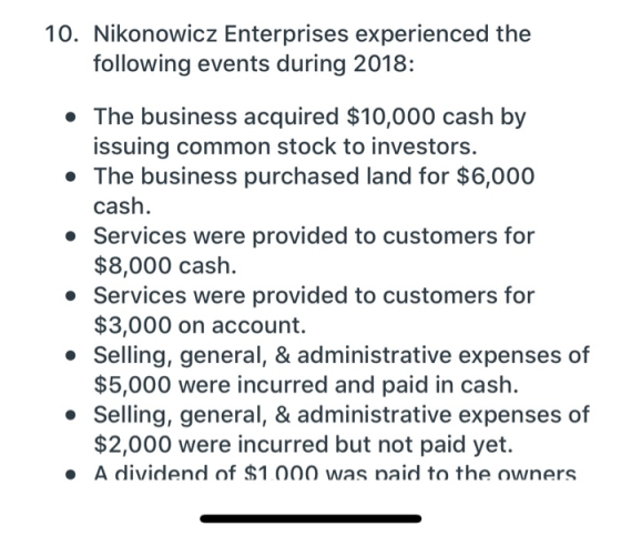 10. Nikonowicz Enterprises experienced the following events during 2018: • The business acquired $10,000 cash by issuing comm