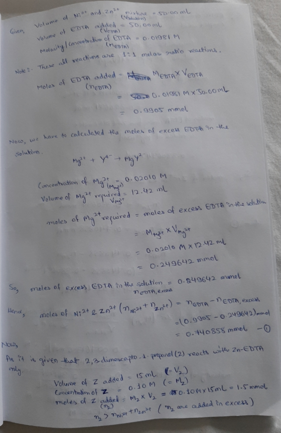 mixlone VSlution So 00 mL Vot ume of N and 22 Volume of EDTA added Molaity Concentralion of EDTA 0.01981M Given SO.00ml CVem)