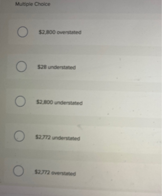 Multiple Choice O $2,800 overstated O $28 understated O $2,800 understated O $2,772 understated O $2,772 overstated
