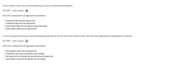 d. Your mother-in-laws car rental business buys a new car imported from Sweden. U.S. GDP (Click to select) . Of the four com