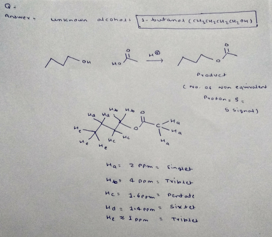 Q Answer - unknown known alcohese alcoholt 11-butanol (CH2CH₂CH2 (4204) H он Product No. of Non equivalent Proton - 5 = 5 sig