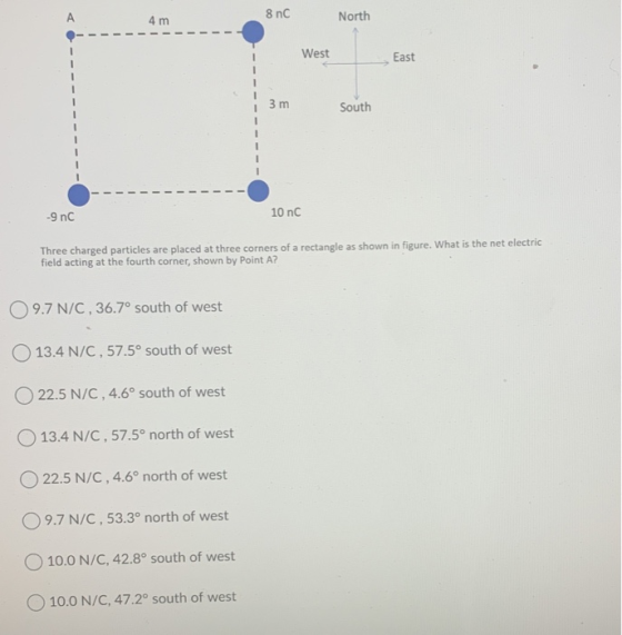A 4 m 8 nC North West East 3 m South -Inc 10 nc Three charged particles are placed at three corners of a rectangle as shown i