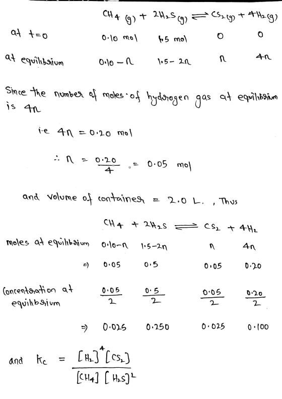 at t=0 CHA (g) + 2 H2S (g) = CS2 (g) + 4H2(g) 0-10 mol 5 mol 0 0 Olo-R 105-22 n AR at equilibrium um Since the number of mole