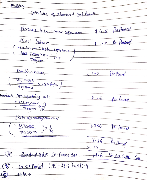 Answer Calculating of standard cost fesuit Purchase flere Green Coffee bean Green onreebean 4. fer Rownd $4.5 I 1.5 par found