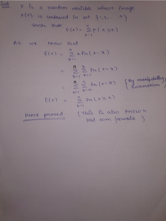 Sal x is a random nariable whose image X (s) is contained in get $1,2, ...ng such that E(x) = {p(x7,k) K=1 As know that Elx)