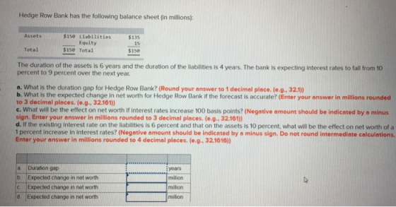 Hedge Row Bank has the following balance sheet (in millions Assets $150 Liabilities _Equity $150 Total Total The duration of