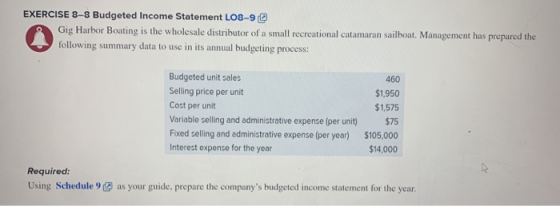 EXERCISE 8-8 Budgeted Income Statement L08-9 Gig Harbor Boating is the wholesale distributor of a small recreational catamara