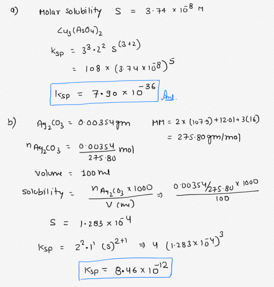 9) Molar Solubility S = 3.74 x 17 8 M Cuz (As0u), Ksp = 33.22 $ (3+2) = 108 * (3 74 x158) Iesp = 7.90 x1036 Ame b) TO00 Sold