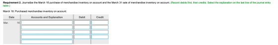 Requirement 2. Journalize the March 16 purchase of merchandise inventory on account and the March 31 sale of merchandise inve