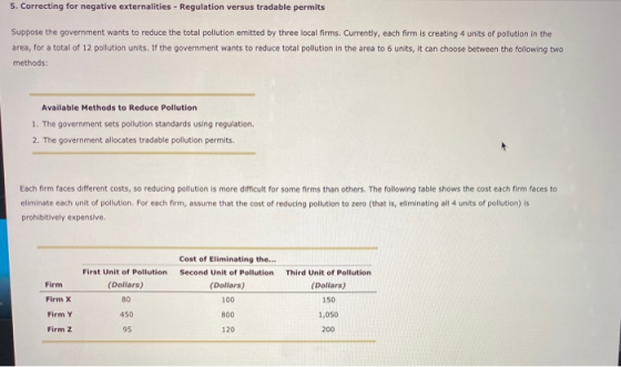 5. Correcting for negative externalities - Regulation versus tradable permits Suppose the government wants to reduce the tota