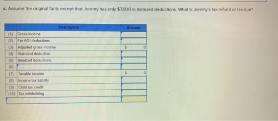 c. Assume the original facts except that Jeremy has only $7,000 in itemized deductions. What is Jeremys tax refund or tax du
