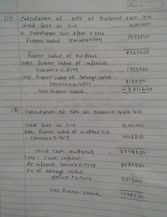 Page no (111) Calculation of NPU at Discount rate 10% Intial Cost at t-o 10,00 000 + Installation Cost After a year Present v
