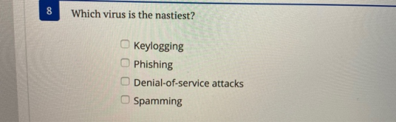 Which virus is the nastiest? Keylogging Phishing Denial-of-service attacks Spamming