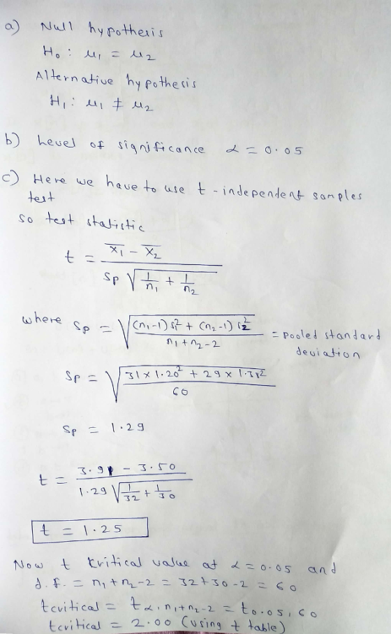 a) Nul hy pothe Alternatiue hy potheis b) Level of signifi cance ,05 C He ne aue to use nJe peganples teut So test staJiti w here (M-1):2 + (n2ーリ(2--Poole l standard 2 deuiaon 2. 9 29 了2 二 .25 ottv oo Cusing t takle)