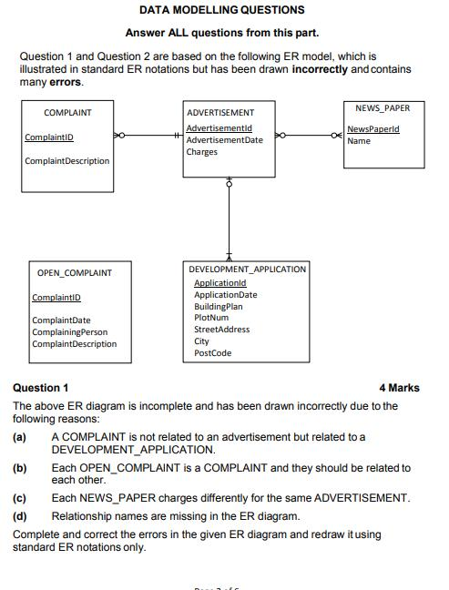 DATA MODELLING QUESTIONS Answer ALL questions from this part. Question 1 and Question 2 are based on the following ER model,