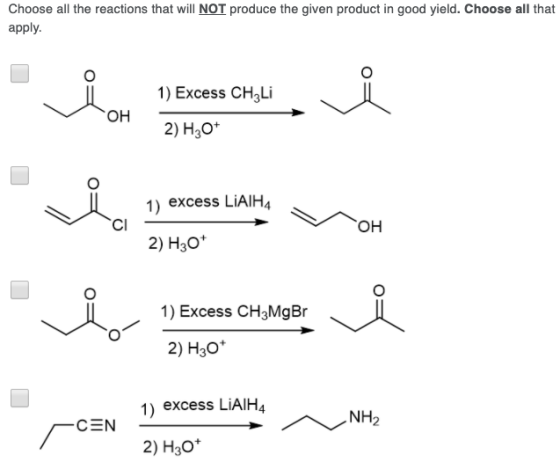 Choose all the reactions that will NOT produce the given product in good yield. Choose all that apply. icon veces cusu 1) Exc