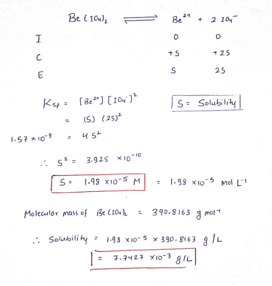 Be (10u) 2-t Be 2 104 I O + S C t 2 S S E 25 Ksp = [Be] [10 S =Solubility (S) (25) 3.925 s2 S = .98 x10-5 Mol L Molecular mas
