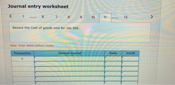 Journal entry worksheet < 1 .... 6 7 8 10 Record the Cost of goods sold for Job 306. Note: Enter debits before credits Transa