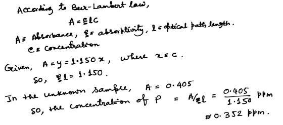 According to Beer-Lambert law, A - ELC A = Absorbance, &s absorptivity, l= optical path length. ee concentration Given, A=y=1