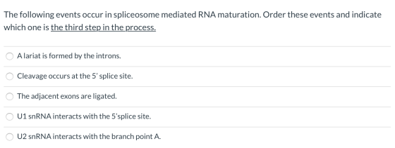 The following events occur in spliceosome mediated RNA maturation. Order these events and indicate which one is the third ste