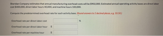 Sheridan Company estimates that annual manufacturing overhead costs will be $902,000. Estimated annual operating activity bas
