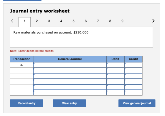 Journal entry worksheet < 1 2. 3 4 5 6 7 8 9 Raw materials purchased on account, $210,000. Note: Enter debits before credits.