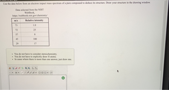 Use the data below from an electron impact mass spectrum of a pure compound to deduce its structure. Draw your structure in t