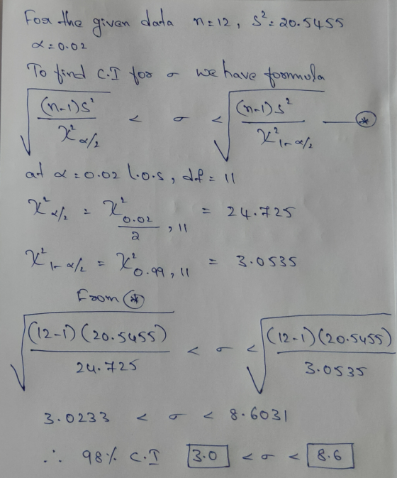 for the given data n=12, 5²: 20.5455 2 = 0.02 To find c. I fod o we have formula I (nails at 2:0.02 l.os, def = 11 Vals 2.0.