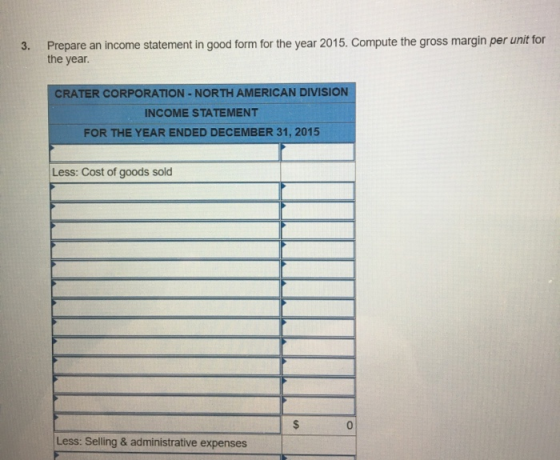 3. Prepare an income statement in good form for the year 2015. Compute the gross margin per unit for the year. CRATER CORPORA