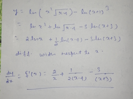 = ln (x²04) – lucati 3 - ln x² + du ha-4-3 lu (x+3) - alux & ln(x-4) - 300 (213) diff with respect to a dy f(a): 2 daw as