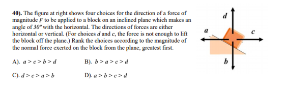 40). The figure at right shows four choices for the direction of a force of magnitude F to be applied to a block on an inclin