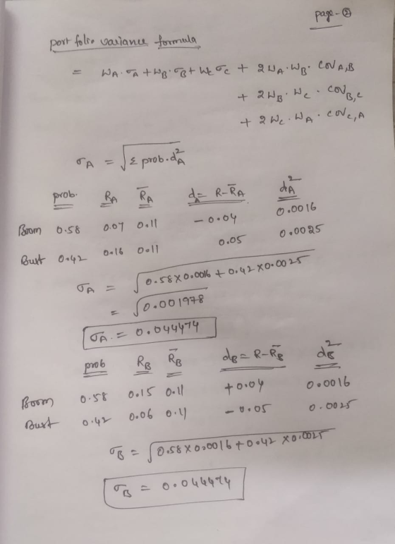 page- portfolio variance formula = WA TATWB Bt Wetet quA WB. CONA,B + 2HB. We coupe + 2 We. WA CONCA TA = Je prob.da dA Boom