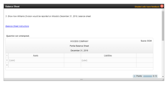 Balance Sheet Shaded cells have feedback 3. Show how Williams Division would be reported on Woodss December 31, 2019, balanc