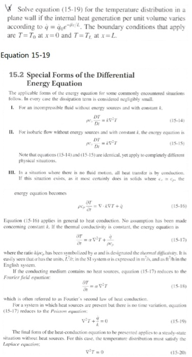 Solve equation (15-19) for the temperature distribution in a plane wall if the internal heat generation per unit volume varie
