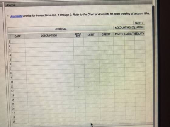 . Jounalize entries for transactions Jan. 1 through 9. Refer to the Chart of Accounts for exact wording of account ttles PAGE