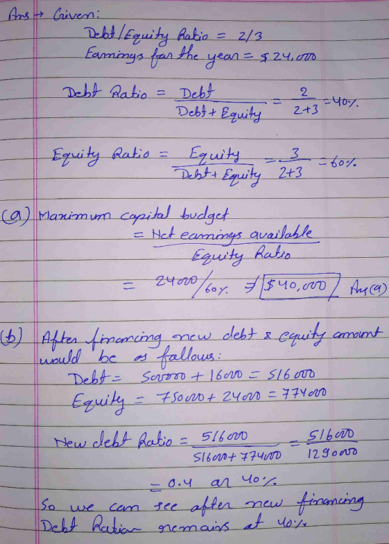 Ars Criven: Debat Equity Ratio = 2/3 Earnings for the year = $24,000 Debt Ratio Debt 2 -407 Debt + Equity 2+3 Equity Ratio =