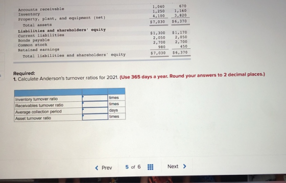 1,040 1,250 4,100 $7,030 670 1,160 3,820 $6,370 Accounts receivable Inventory Property, plant, and equipment (net) Total asse