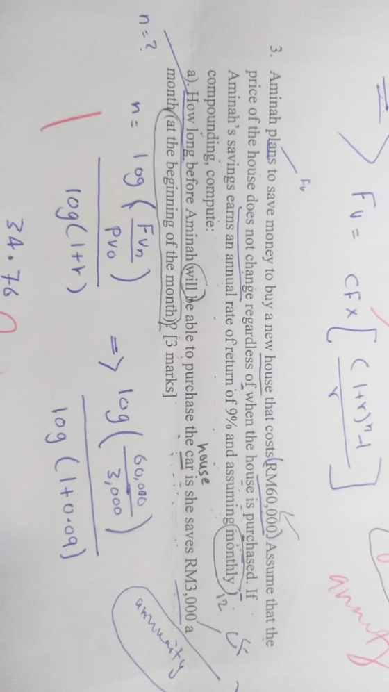 > Fuz CFX [ ( 1+r)^-/ ] 3. Aminah plans to save money to buy a new house that costs RM60,000. Assume that the price of the ho