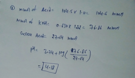 1 mmol of Aeid= mmol of kome 104.5 x 102 104.5 mmos 0.630 x 122= 76.86 mmen Excen Act 27064 mmes pH = 3.74 + 109 876.86) -] 4