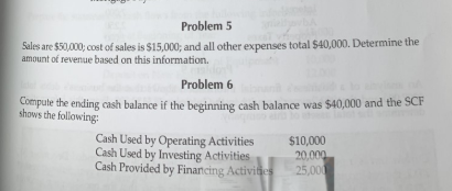 Problem 5 Sales are $50,000, cost of sales is $15,000, and all other expenses total $40,000. Determine the amount of revenue